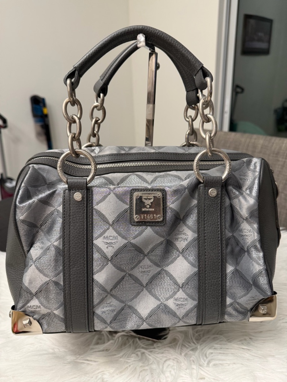 MCM Women's Gray Monogram Satchel Bag